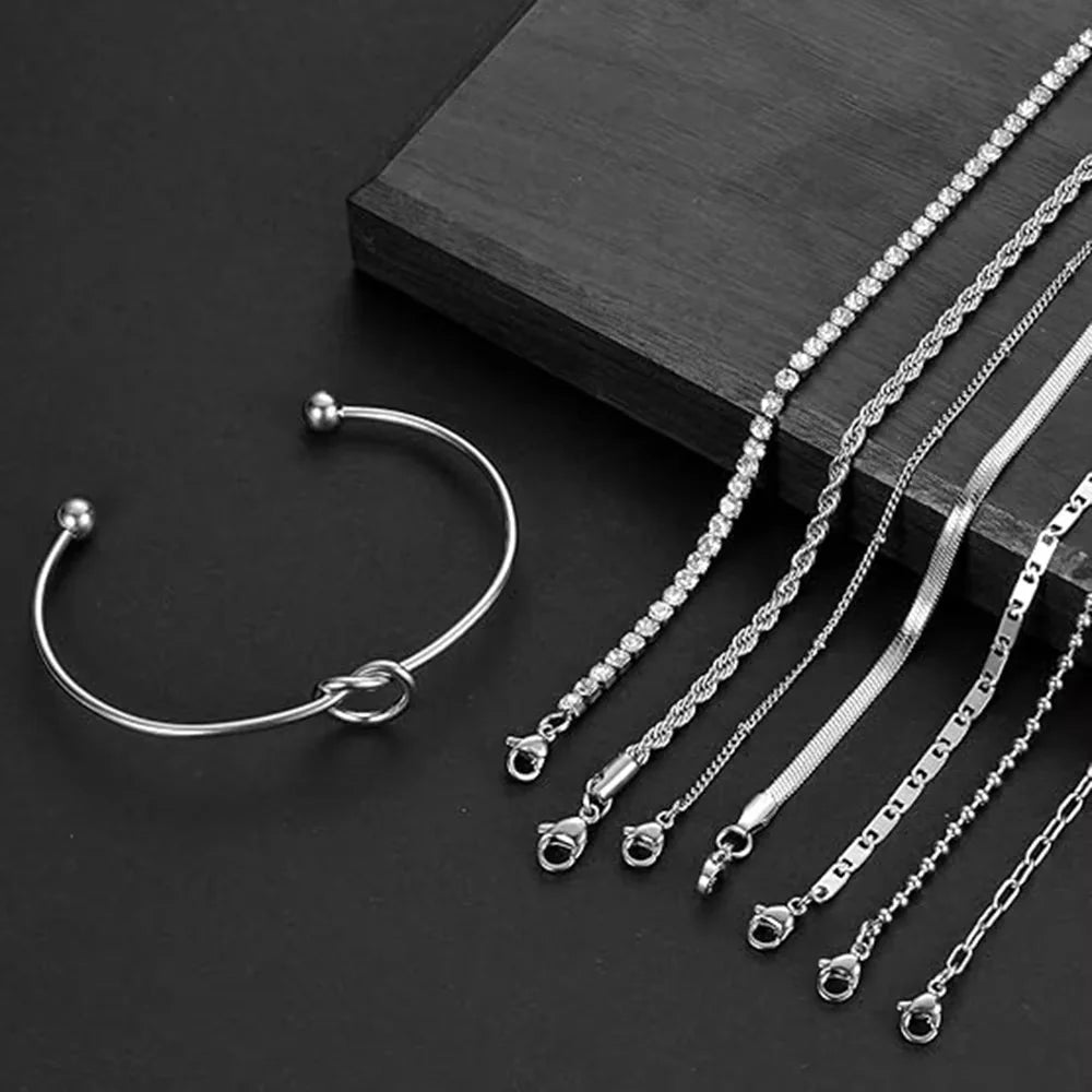 Bracelet ZF – Lot de 8 Bracelets Chaînes en Acier Inoxydable Argenté