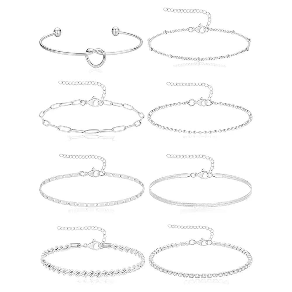 Bracelet ZF – Lot de 8 Bracelets Chaînes en Acier Inoxydable Argenté