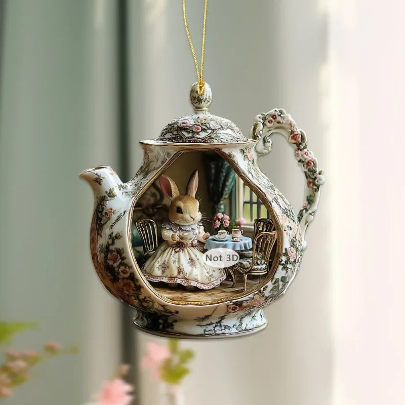 Pendentif Lapin dans une Tasse – Accessoire Acrylique 2D Chaleur et Famille pour Sac ou Voiture