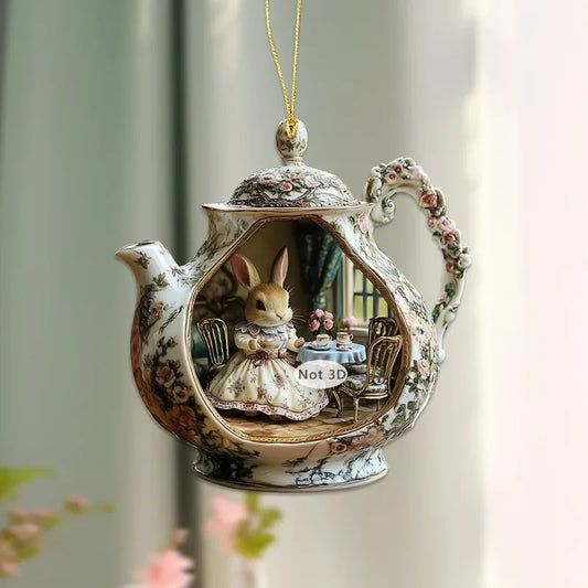 Pendentif Lapin dans une Tasse – Accessoire Acrylique 2D Chaleur et Famille pour Sac ou Voiture