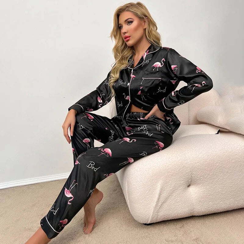Pyjama Femme Manche Longue Col Revers – Confort et Style Imprimé pour Automne