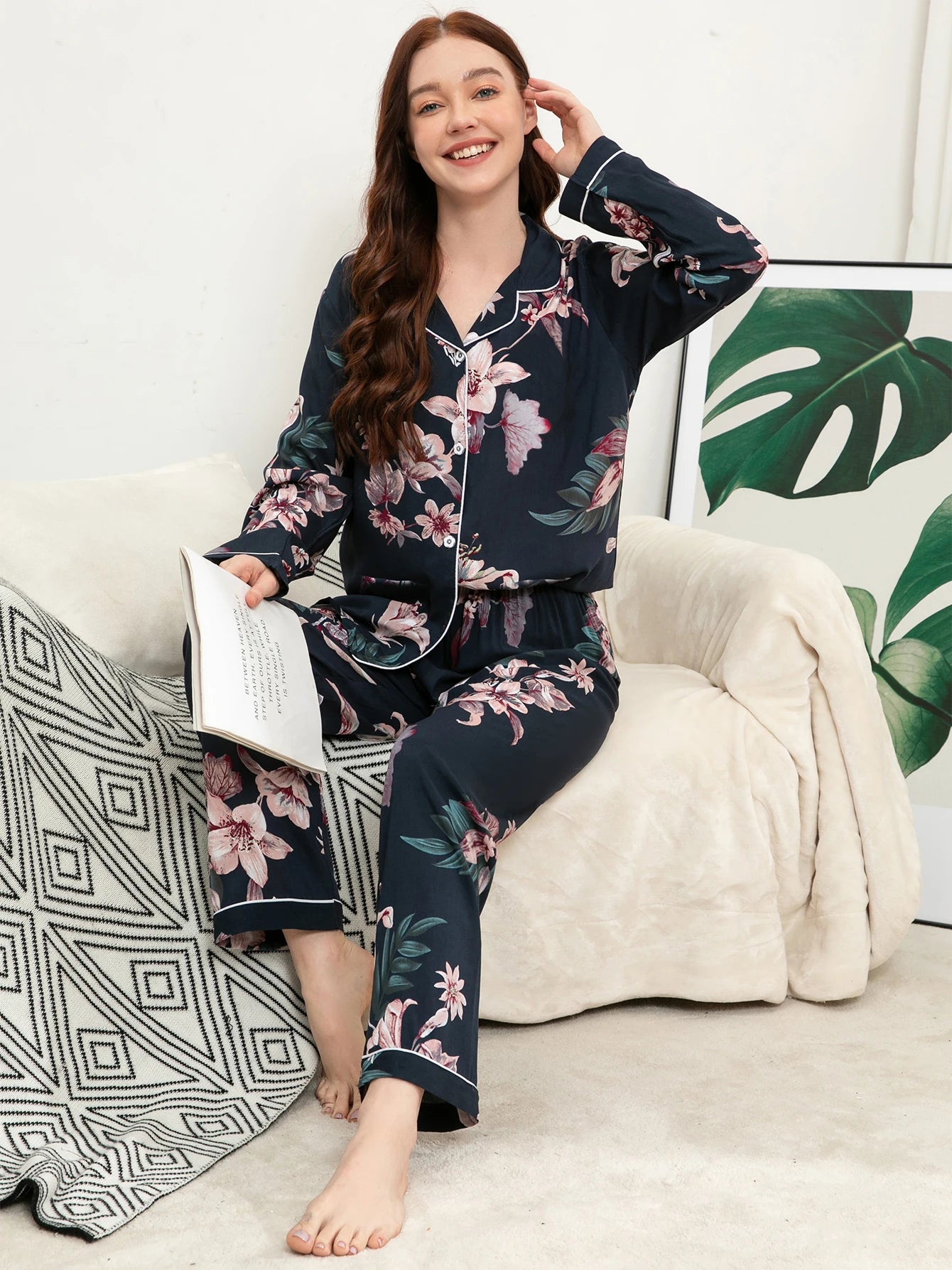 Pyjama Femme Grande Taille – Ensemble Viscose Floral, Manche Longue et Pantalon Confortable