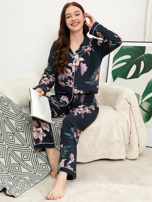 Pyjama Femme Grande Taille – Ensemble Viscose Floral, Manche Longue et Pantalon Confortable
