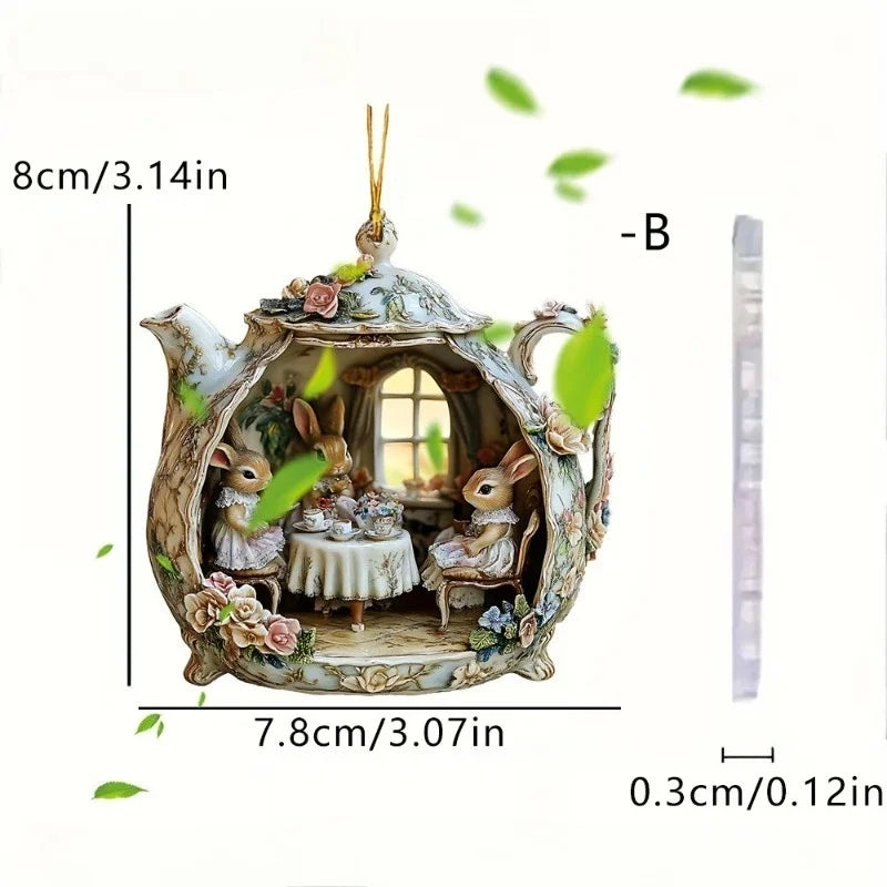 Pendentif Lapin dans une Tasse – Accessoire Acrylique 2D Chaleur et Famille pour Sac ou Voiture