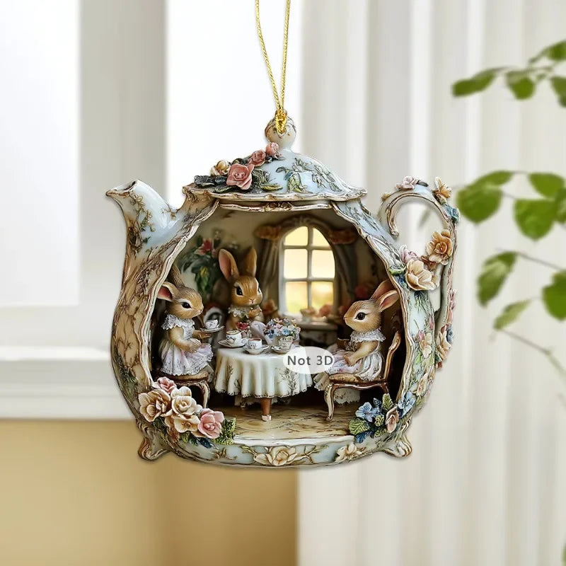 Pendentif Lapin dans une Tasse – Accessoire Acrylique 2D Chaleur et Famille pour Sac ou Voiture