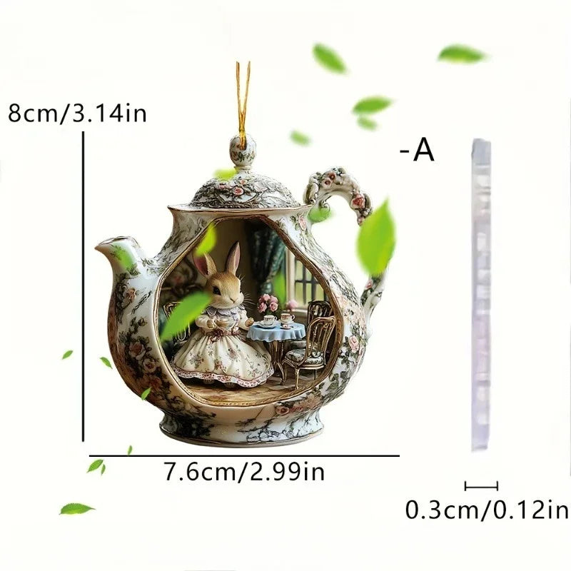 Pendentif Lapin dans une Tasse – Accessoire Acrylique 2D Chaleur et Famille pour Sac ou Voiture