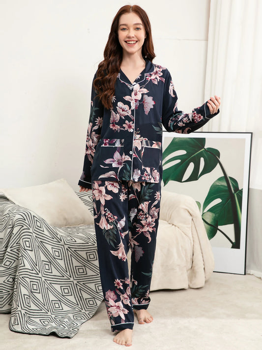 Pyjama Femme Grande Taille – Ensemble Viscose Floral, Manche Longue et Pantalon Confortable