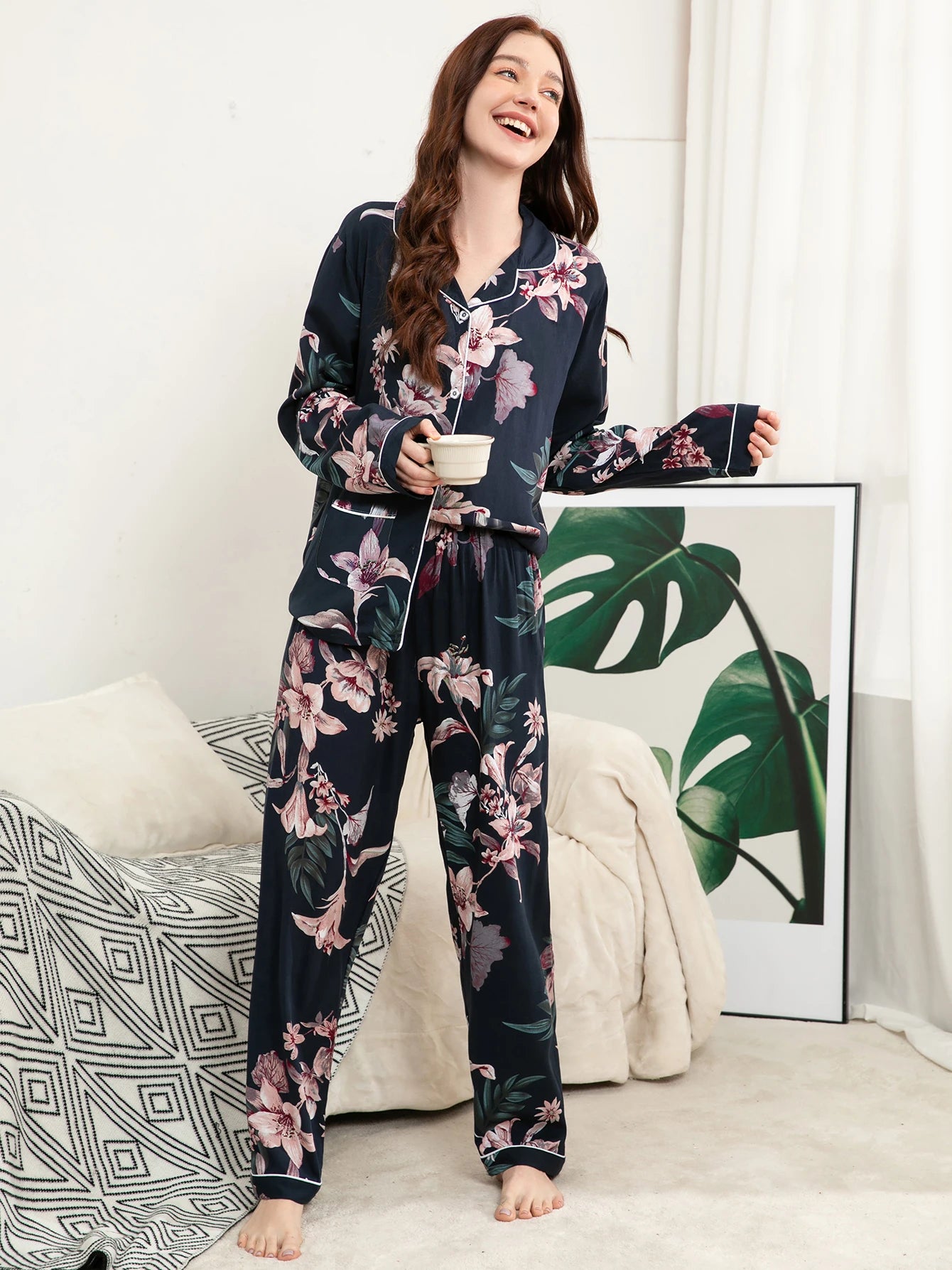 Pyjama Femme Grande Taille – Ensemble Viscose Floral, Manche Longue et Pantalon Confortable
