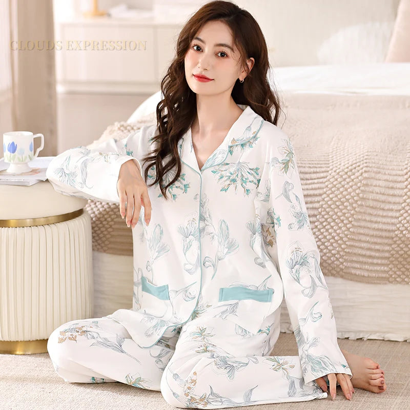 Pyjama Femme Manche Longue – Col Revers, Motif Carreaux, Confort Printanier