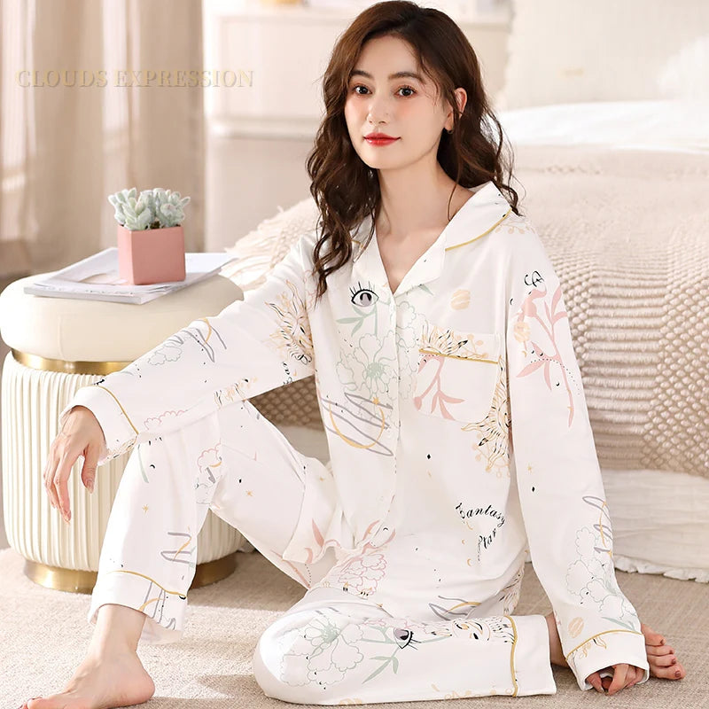 Pyjama Femme Manche Longue – Col Revers, Motif Carreaux, Confort Printanier