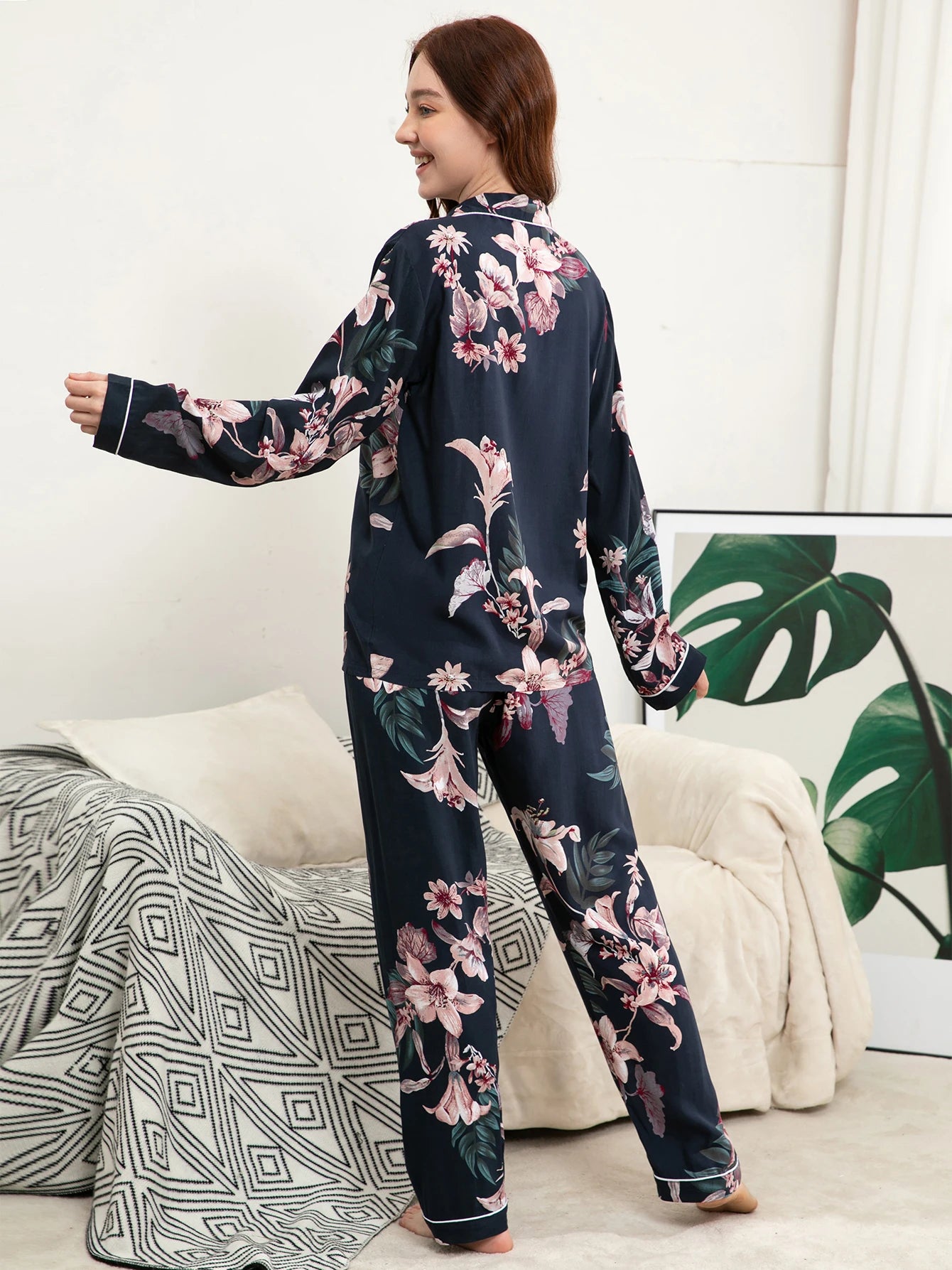Pyjama Femme Grande Taille – Ensemble Viscose Floral, Manche Longue et Pantalon Confortable