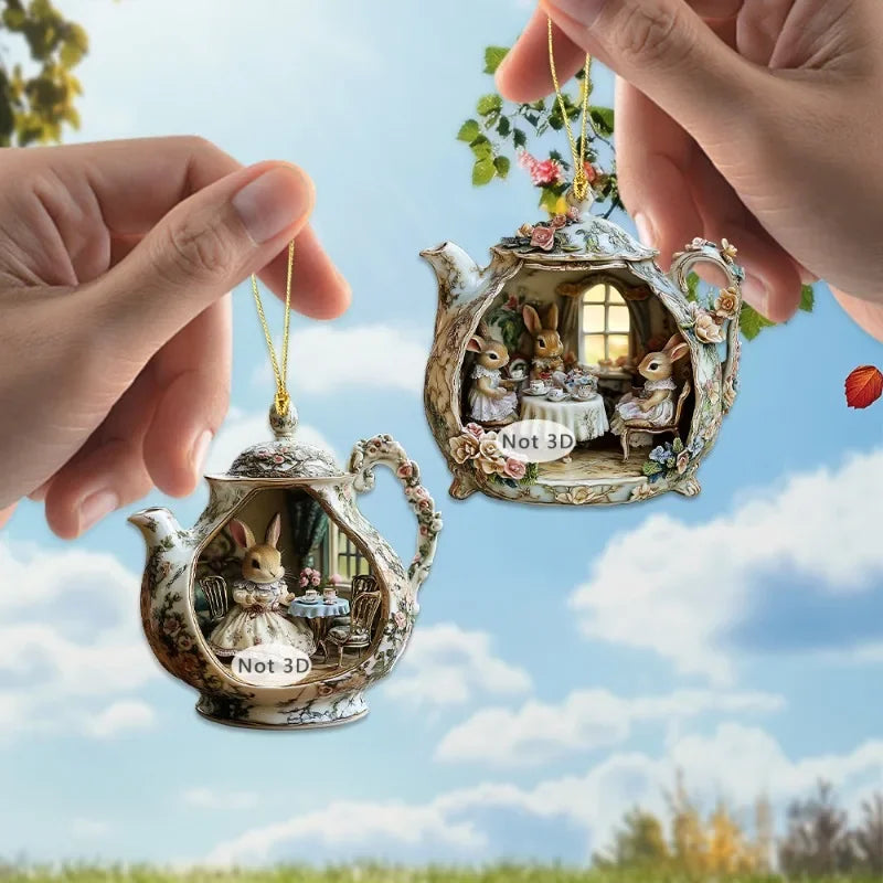Pendentif Lapin dans une Tasse – Accessoire Acrylique 2D Chaleur et Famille pour Sac ou Voiture
