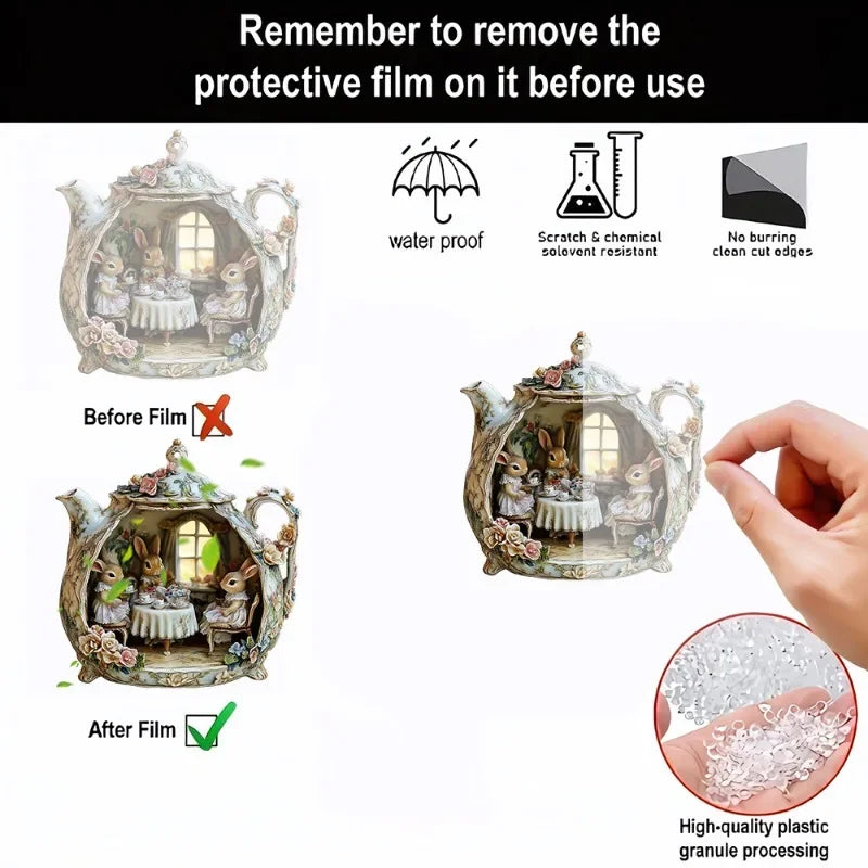 Pendentif Lapin dans une Tasse – Accessoire Acrylique 2D Chaleur et Famille pour Sac ou Voiture