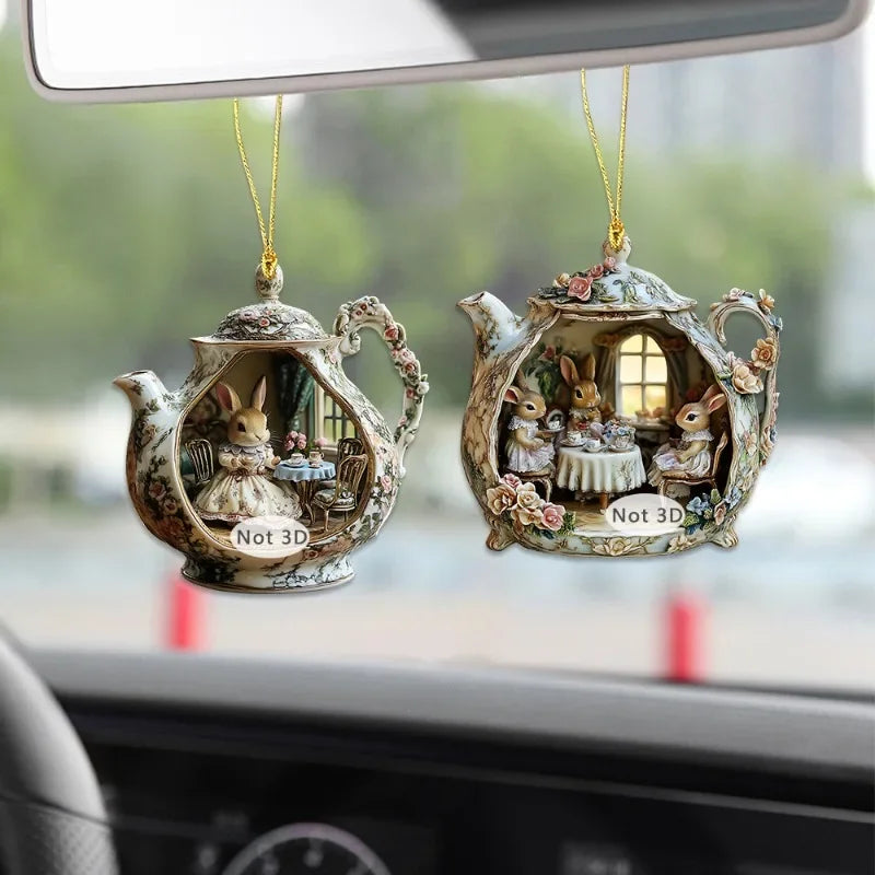 Pendentif Lapin dans une Tasse – Accessoire Acrylique 2D Chaleur et Famille pour Sac ou Voiture