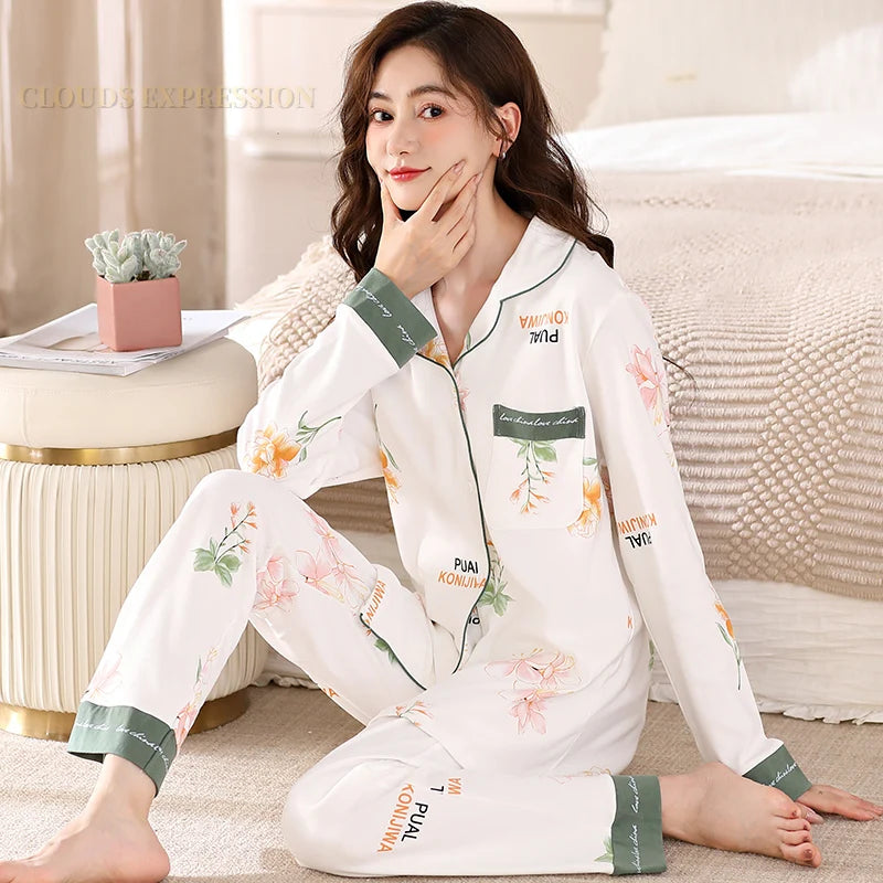 Pyjama Femme Manche Longue – Col Revers, Motif Carreaux, Confort Printanier